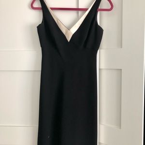 Ann Taylor Petites 2P black v-neck dress with cream trim. Hits above knee.